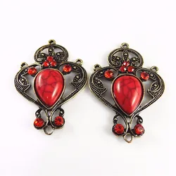 4PCS Vintage Bronze Alloy Connector With Red Rhinestone Pendant Necklace Bracelet Headwear Handmade Jewelry Making Accessory