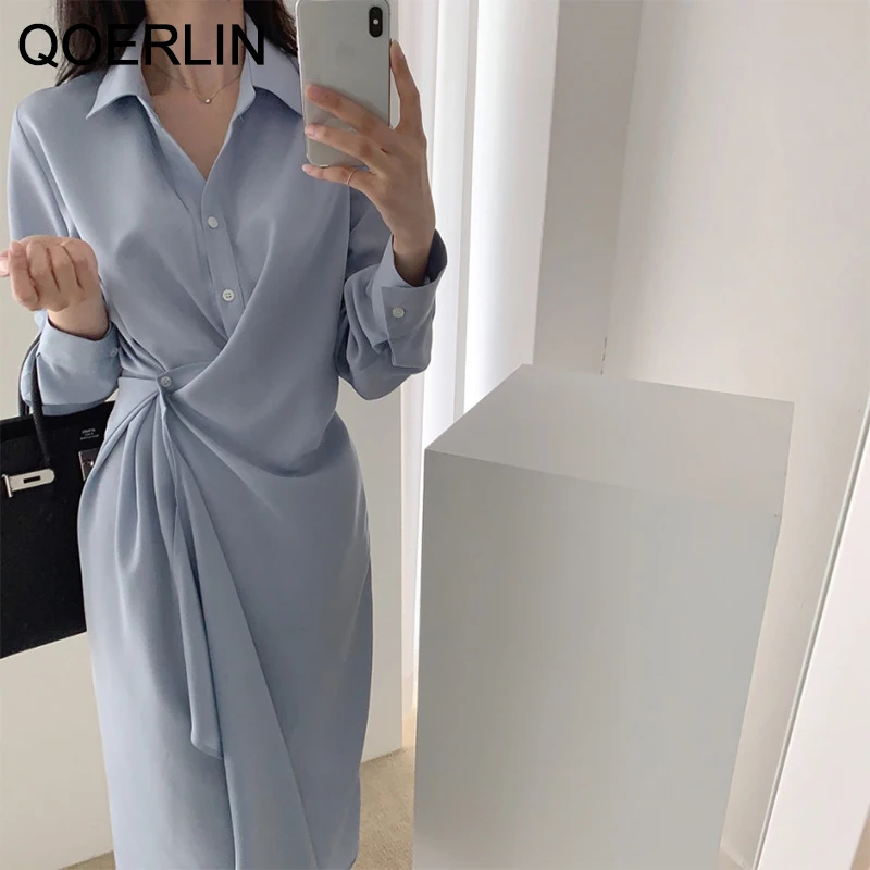 QOERLIN Design Black Blue Long Shirt Dress Women Fashion High Waist Temperament Dress Turn-Down Collar Irregular Button Dresses