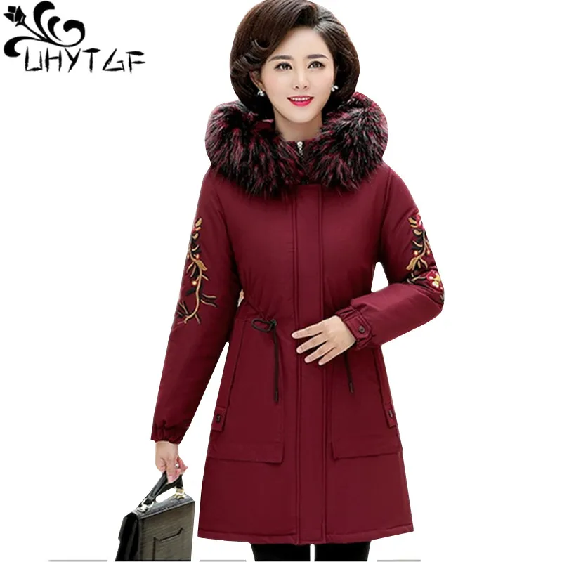 UHYTGF 5XL Korean Parker Women Fashion Embroidery Fur Collar Winter Jacket Female Hooded Thicken Windproof Warm Cotton Coat 1008