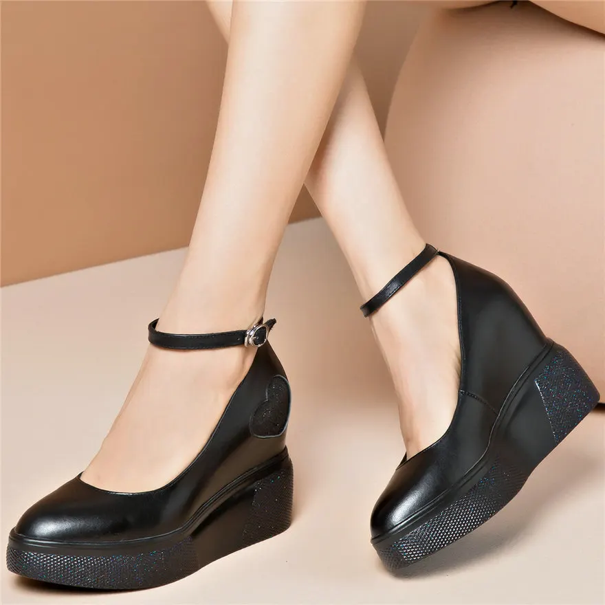 Ankle Strap Mary Janes Women Cow Leather Wedges High Heel Ankle Boots Female Pointed Toe Platform Pumps Shoes Fashion Sneakers