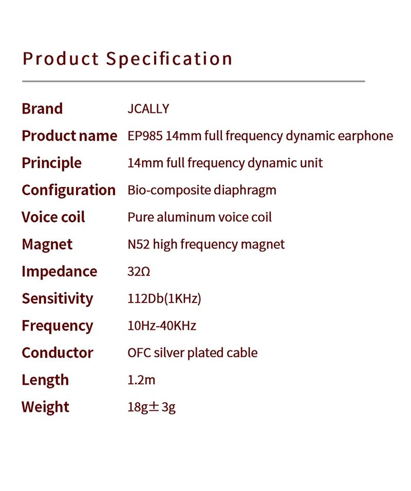 JCALLY EP985 14mm Bio-composite Diaphraam Full frequency Dynamic Flat Head Earbuds HIFI Fever Earphone