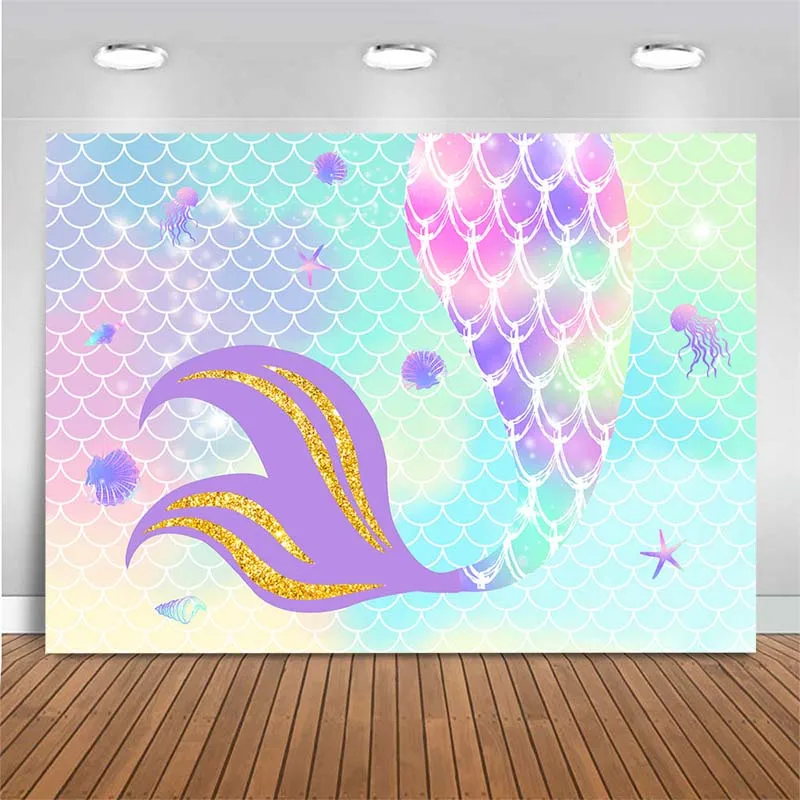 Newborn Baby Shower Photography Backdrop Mermaid Tail Fish Scales Glitter Birthday Party Photo Backdrop Customize Background