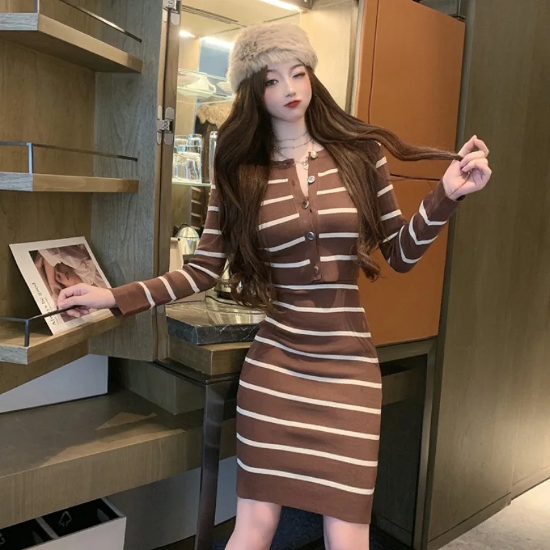 Autumn Casual Retro Wild Thin O Neck Long Sleeve Striped Cardigan Knitted Coat Crop Wrap Hip Sexy Spaghetti Strap Dress Mini