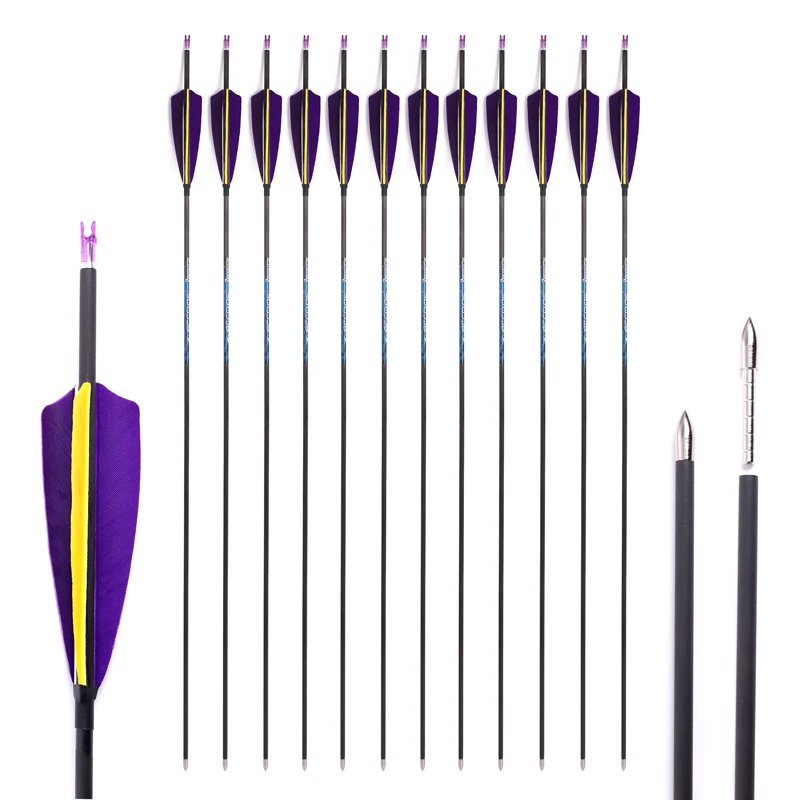 Tir à l'arc en fibre de carbone Pure 4.2mm, vraie plume de dinde, colonne vertébrale, 300, 350, 400, 500, 600, 700, 800, 900, 1000