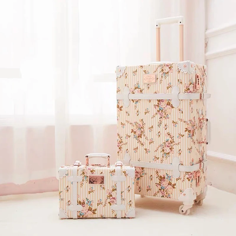 New Vintage travel suitcase women set handbag boarding trolley luggage universal wheel fresh floral fashion bag 20/22/24/26 inch