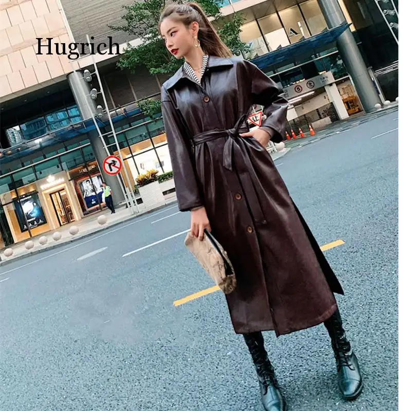 Cool PU Leather Long 2020 New Autumn Women Loose Belt Windbreaker Trench Coat Slim Spring Jacket