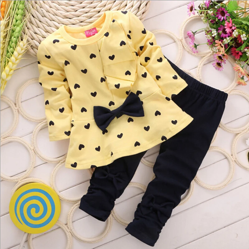 Autumn And Winter New Fashionable Girls\' Clothing Bow Dress Top Bottom Two Piece Round Neck Sports and Casual Set