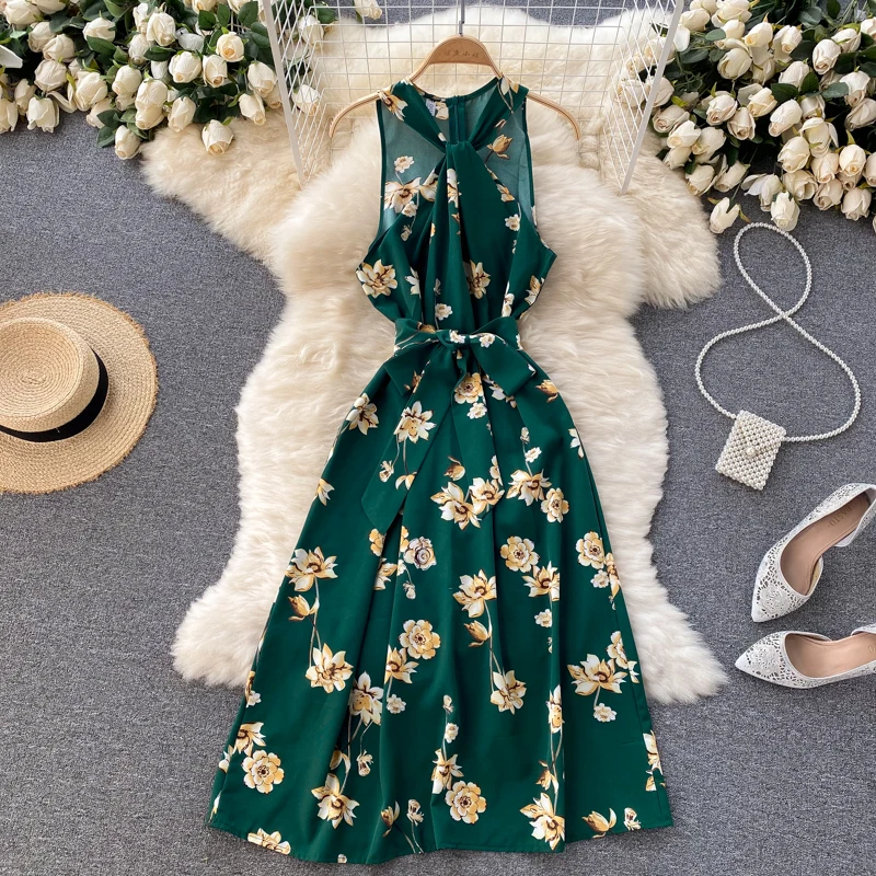 

Elegant Robe Halter Floral Chiffon Midi Dress Women's Sleeveless Strapless Lace-Up Vintage Dress Ladies Vestidos 9 Colors