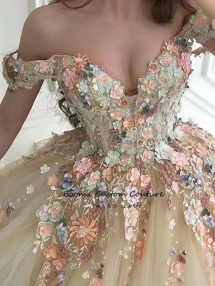 Fairy Ball Gown Princess Prom Dresses Off the Shoulder Sweetheart Floral Appliques Formal Party Dresses Tulle Long Evening Gowns