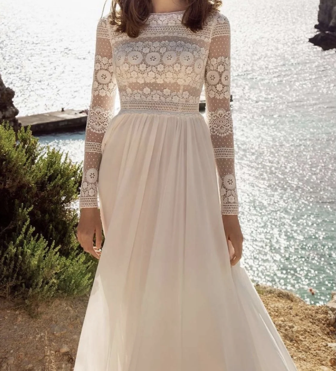 Abito da sposa bohemien A-Line O-Collo Manica lunga Ricamo in pizzo Sweep Train Abito da sposa principessa Abiti da Noiva Personalizzato