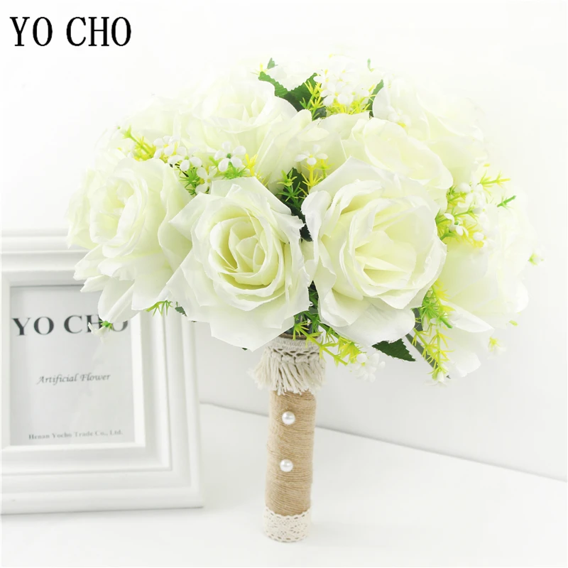 Yo Cho Bouquet da Sposa Fiore Artificiale Fiore di Seta Rosa Bouquet Bianco Falso Della Perla di Cristallo Del Partito Della Damigella D'onore di Promenade di Cerimonia Nuziale Forniture