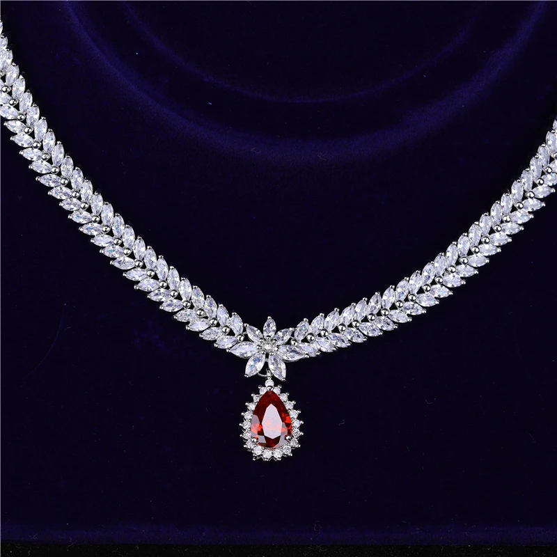 HUAMI Red Pendant Necklace Water Drop Earrings Sets Jewelry Making Accessories For Women Luxury Wedding Earring Bijoux