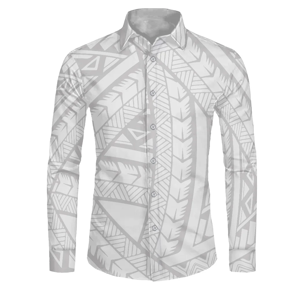 HYCOOL Puletasi White Button Up Shirt Men Autumn Long Sleeve Shirt White Valentiny Samoan Tribal Tattoos Printed Oversized Shirt