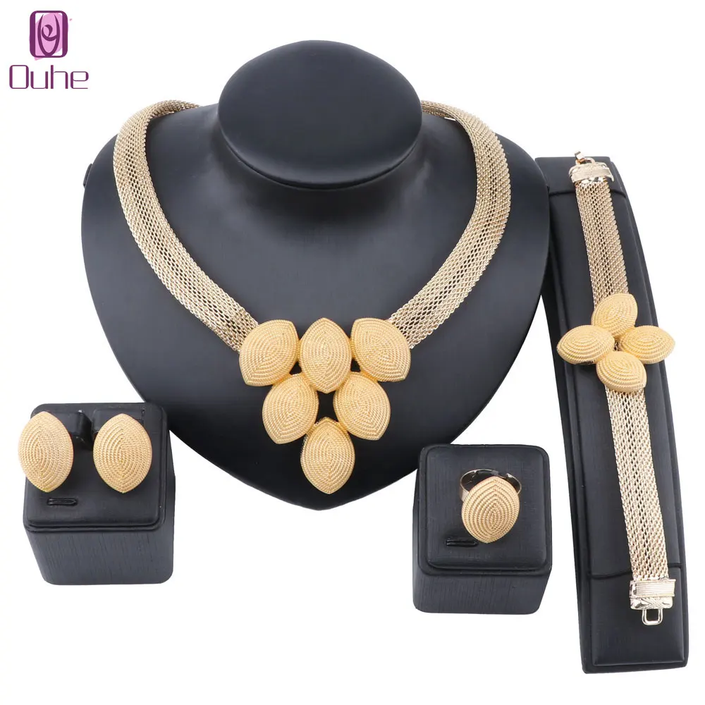 

African Dubai Gold Color Jewelry Nigerian Necklace Earrings Ring Women Bridal Accessories Set