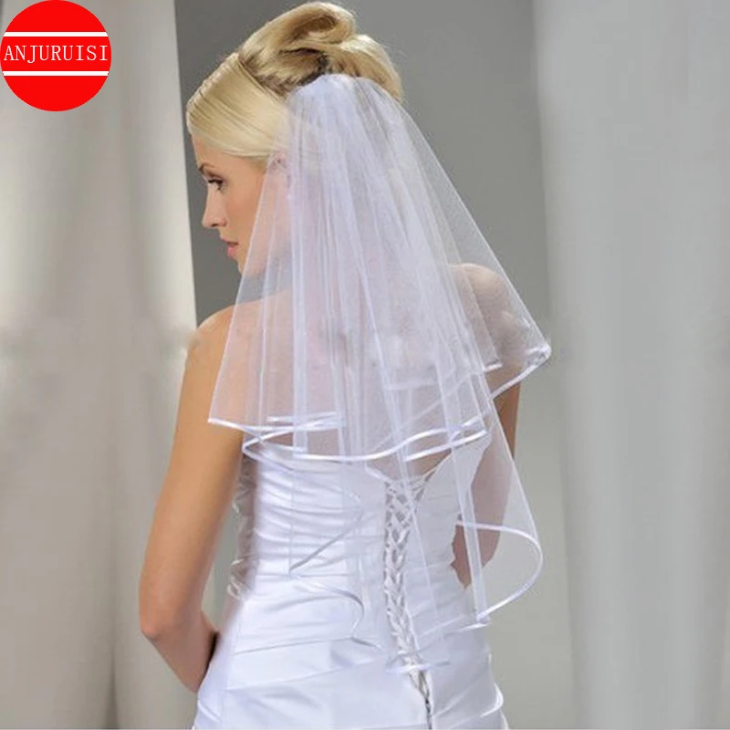 Zwei Schicht Kurze Hochzeit Schleier Einfache Rand Billig WhiteTulle Braut Velo Mit Kamm Hochzeit Zubehör Boda Velo de Novia 2020