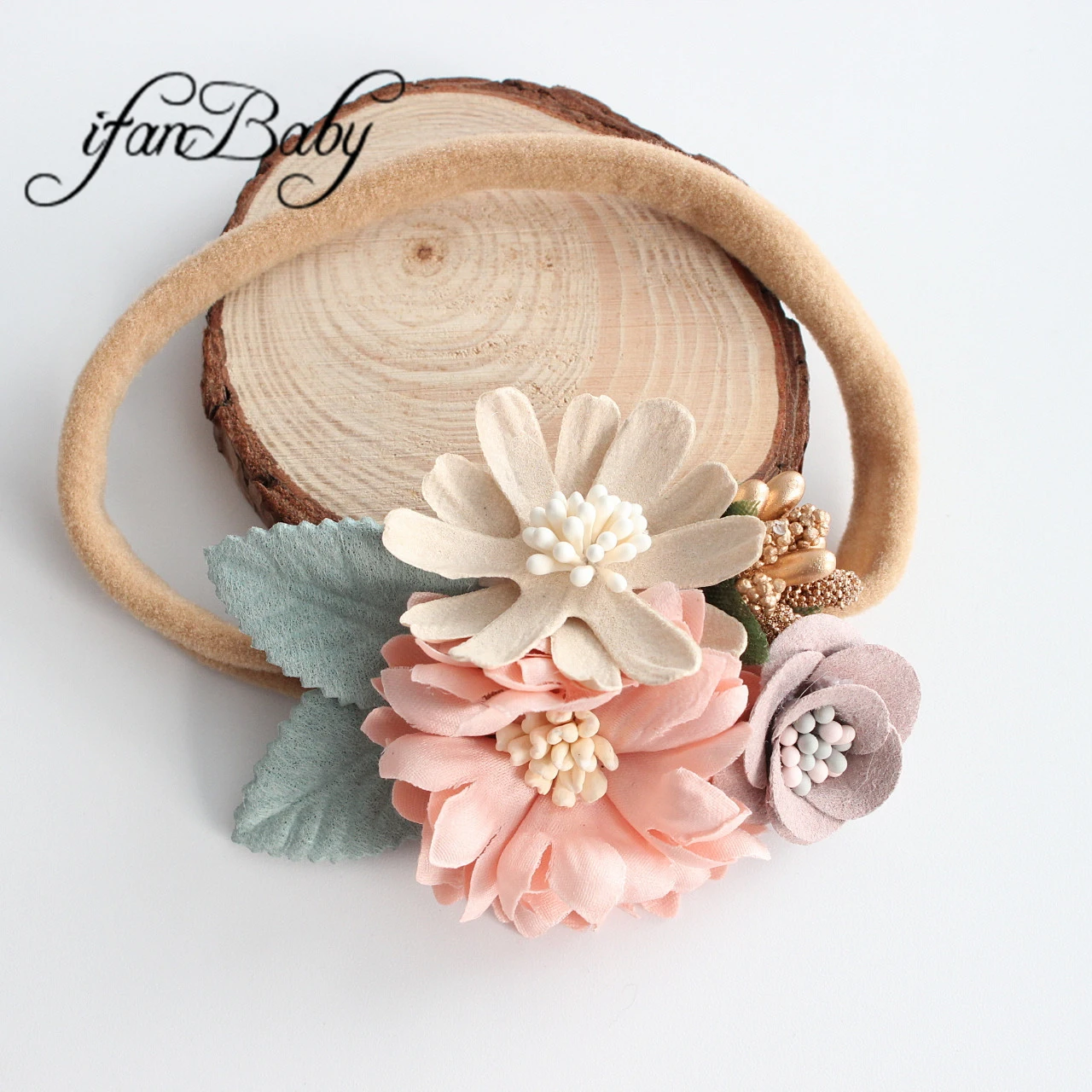 Fashion headband accessories Baby nylon flower headband Infant toddlers leather Florals headwear skinny elastic headband