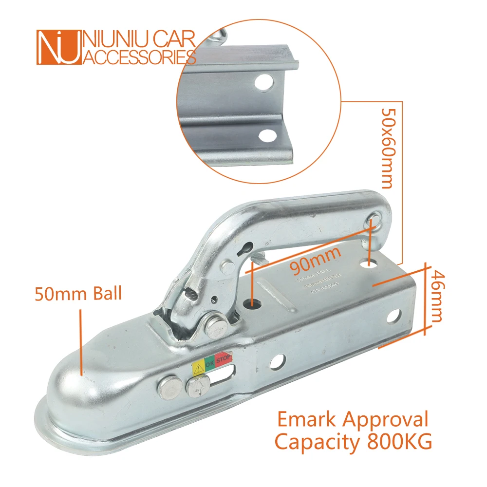 50MM European StyleTrailer Hitch Coupling Pressed Steel For 60MM Channel  CAP 800 Kgs Emark Approval Accessories Caravan Parts