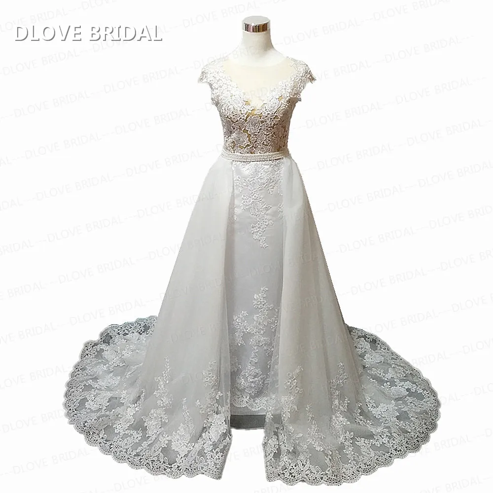 

Unique Detachable Wedding Dress Sexy Illusion Back Lace Bridal Gown High Quality Factory Custom Made Real Photos