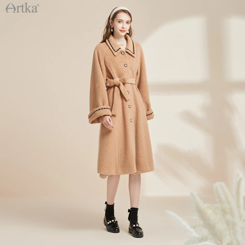 ARTKA 2021 Winter New Women Woolen Coat Elegant Vintage Ribbon Loose Woolen Coats Long Thicken Woolen Outwear With Belt FA20112D