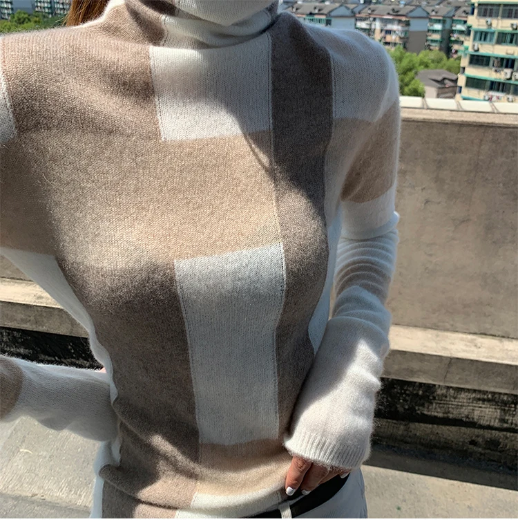 New Cashmere Sweater Women\'s High-Neck Color Matching 100% Pure Wool Pullover Fashion Plus Size Warm Knitted Bottoming Shir