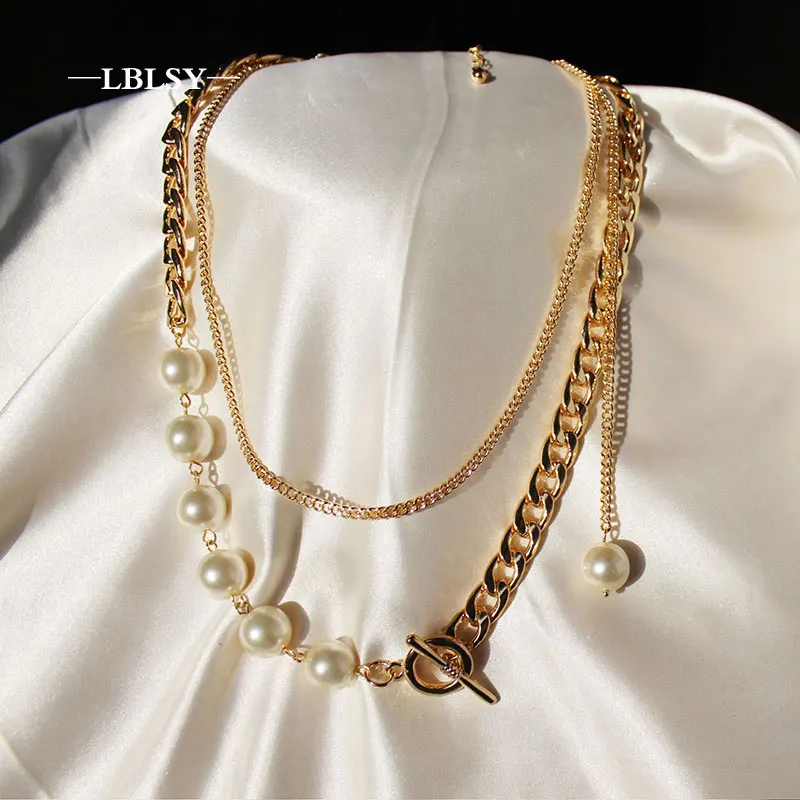 Charming Splicing Chain Women's Double-deck Pearl Pendant Necklace Elegant Ladies Wedding Clavicle Chain Jewelry Gift 975