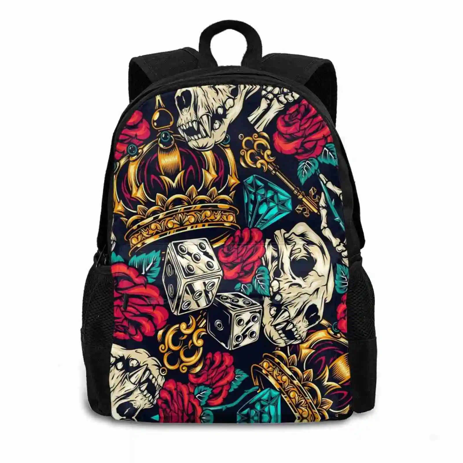 Skulls , Dice And Roses Patterns Backpack For Student School Laptop Travel Bag Dices Roses Skulls Crowns Keys Vintage