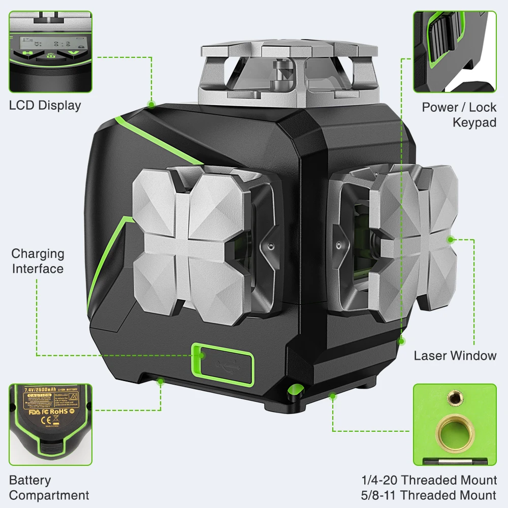 Huepar 3D LCD Display Cross Line Laser Level 12 Lines Green Beam Bluetooth & Remote Control Functions S03CG With Hard Carry Case