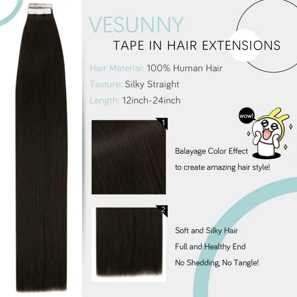 VeSunny Pita Dalam Ekstensi Rambut Manusia Rambut Pirang Pita Rambut Ekstensi Rambut Asli Mulus Kulit Pakan Ekstensi Hitam 50G/20 Buah