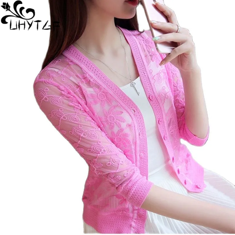 UHYTGF Fashion Women's Summer Sun Protection Clothing Jacket Hollow Lace Shawl Thin Coats Knitted Cardigan Women Short Tops 1721