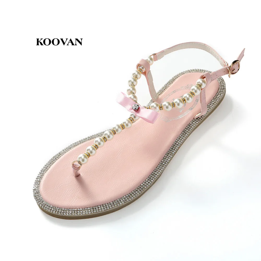 Women Sandals 2022 New Summer Fashion Shoes Girl\'s Bow Rhinestone Pearl Women Sandals Flats Shoes Beach Woman Shoes Size 33-43