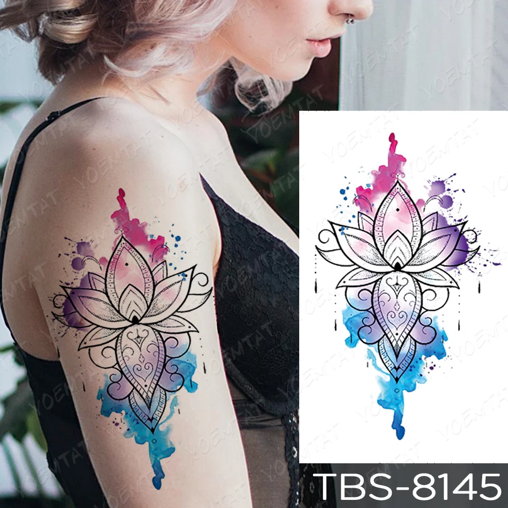 Black Henna Temporary Tattoo Sticker Blue Purple Lotus Sexy Fake Tato Shoulder Back Leg Women Girl Glitter Kids Tatu Body Art