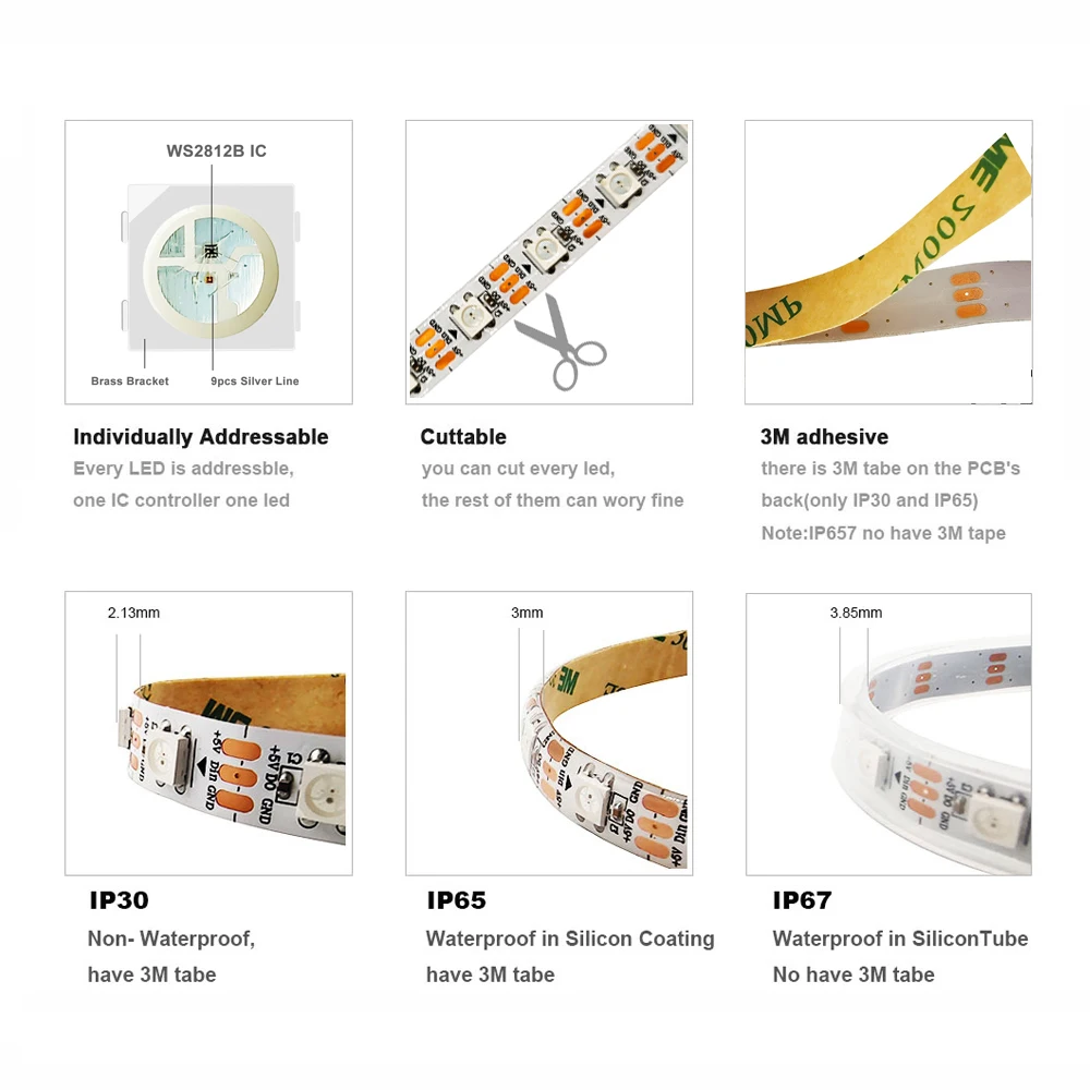 DC5V WS2812B Riêng Địa Chỉ Thông Minh 5050 RGB Led Strip Ánh Sáng 3Pin Đen Trắng 10MM Rộng PCB 30/60/144 Pixel/mét IP30/65/67