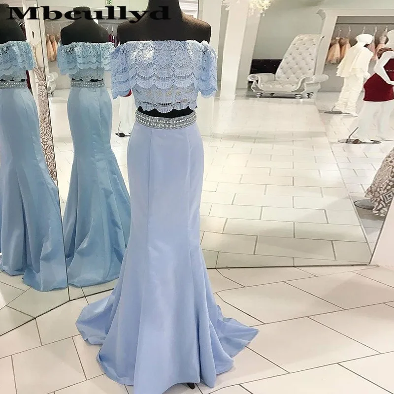 Mbcullyd Two Piece Mermaid Prom Dress Long 2023 Blue Applique Lace Evening Dresses For Women Shining Crystal Vestido De Festa