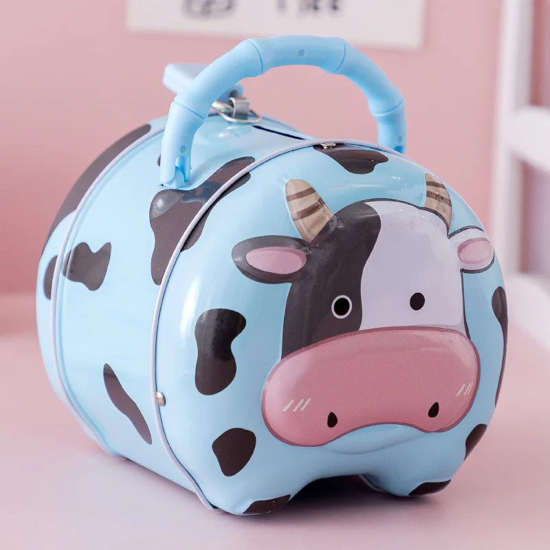 Cow Metal Coin Bank New Portable Tin Piggy Bank Children Cartoon Animal Money Box Financial Awareness Training Toy