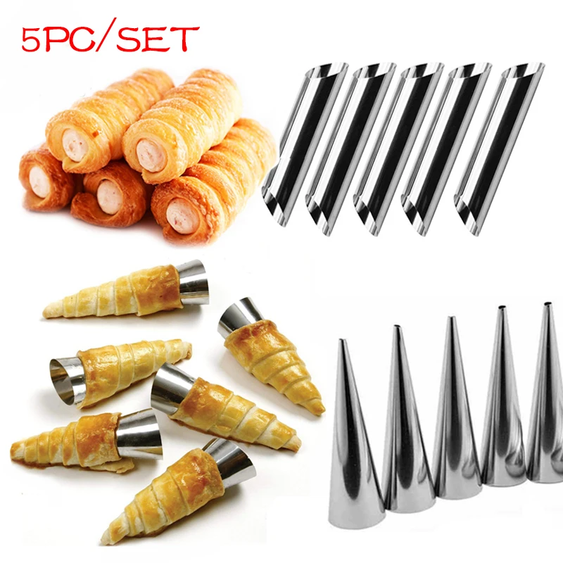 5pc/set Kitchen Stainless Steel Baking Cones Horn Pastry Roll Cake Mold Spiral Baked Croissants Tubes Cookie Dessert Too