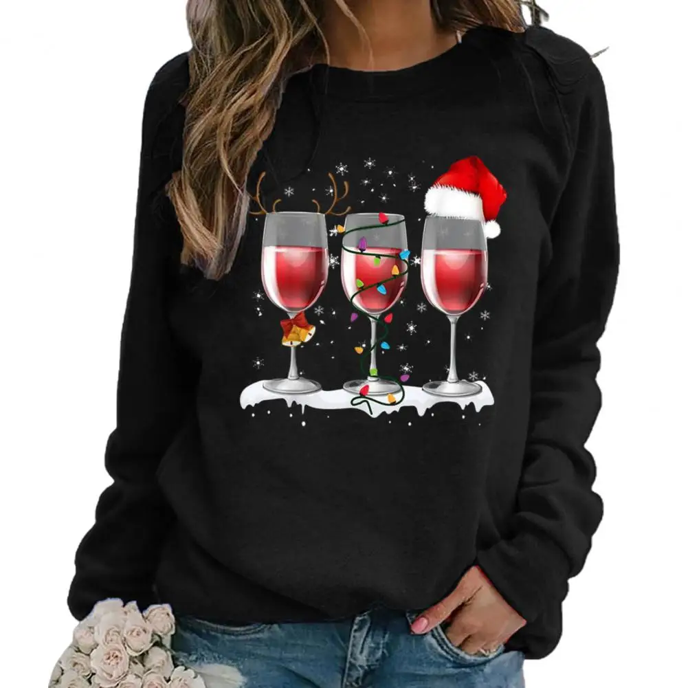 Sweat-shirt à manches longues pour femmes, noël, imprimé en verre de vin, automne hiver