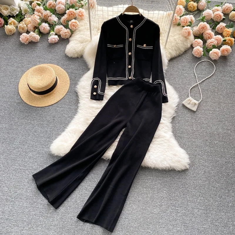 Fashion Brief Temperament Knitted Pants Two piece Casual Set Women Braided trim Gold Button Cardigan Sweater and Pants Suits