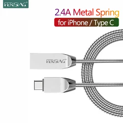 FERISING 2.4A USB Type C Fast Charger Data Cable Type-C Charging for iPhone 6 7 8 X 11 Xiaomi Huawei Samsung Metal Spring Cable