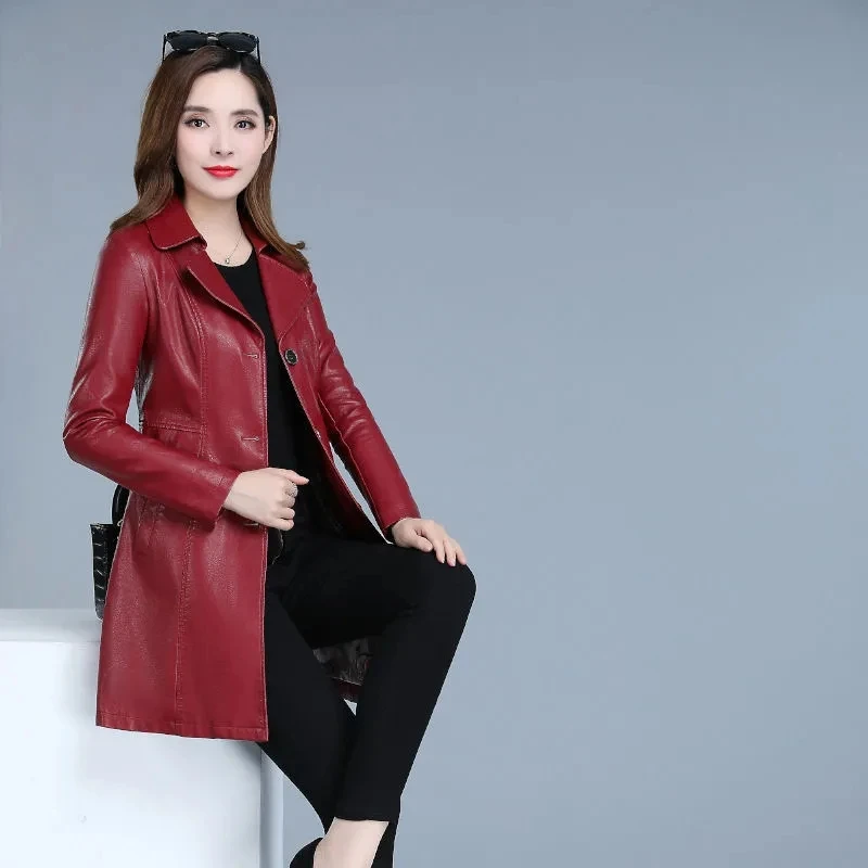 Vintage Female Leather Jacket 2022 Women Mid-length Autumn Winter New Style Korean Version Lapel Windbreaker Leather Coat