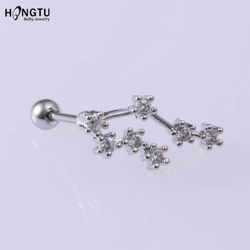 HONGTU 1PC 12 Constellation Zircon Tragus Ear Piercing Surgical Steel Shaft Bar Star Daith Earrings Helix Cartilage Studs 20g