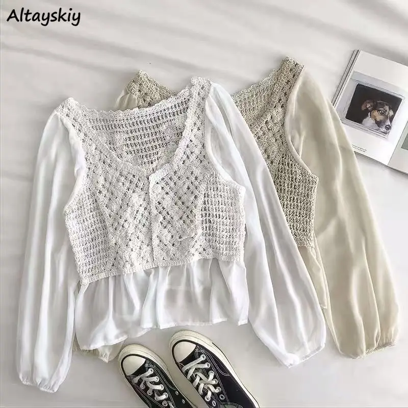 Blouses Women Hook Flower Hollow Design Sweet Soft Summer Fashion See Through Lovely Ulzzang  Popular Ladies Elegant New