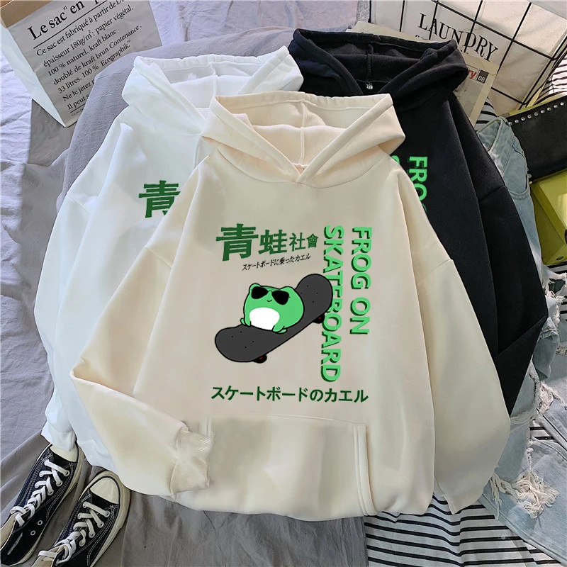 Harajuku Japanese Hoodie Skateboard Cartoon Frog Letter Printing Top Fashion Street Casual Kawaii Loose Cotton Sweater Unisex