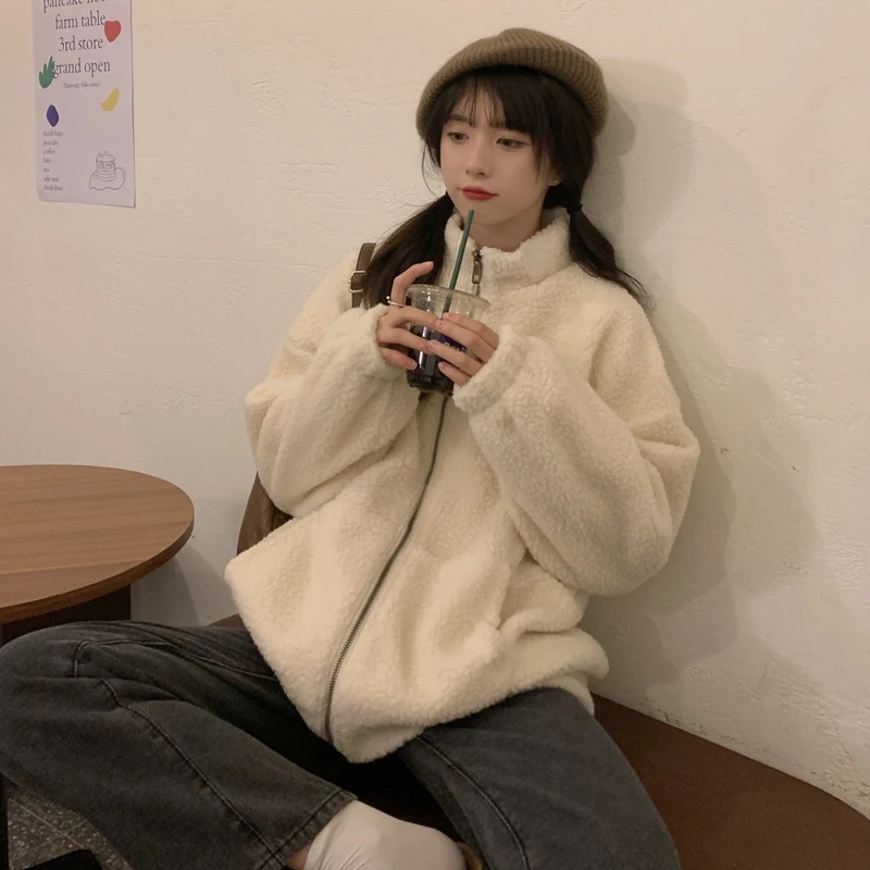 KOSAHIKI 2024 Autumn Winter New Fur Coat Womens Cartoon Bear Embroidery Lamb Wool Ladies Faux Jacket Japanese Harajuku