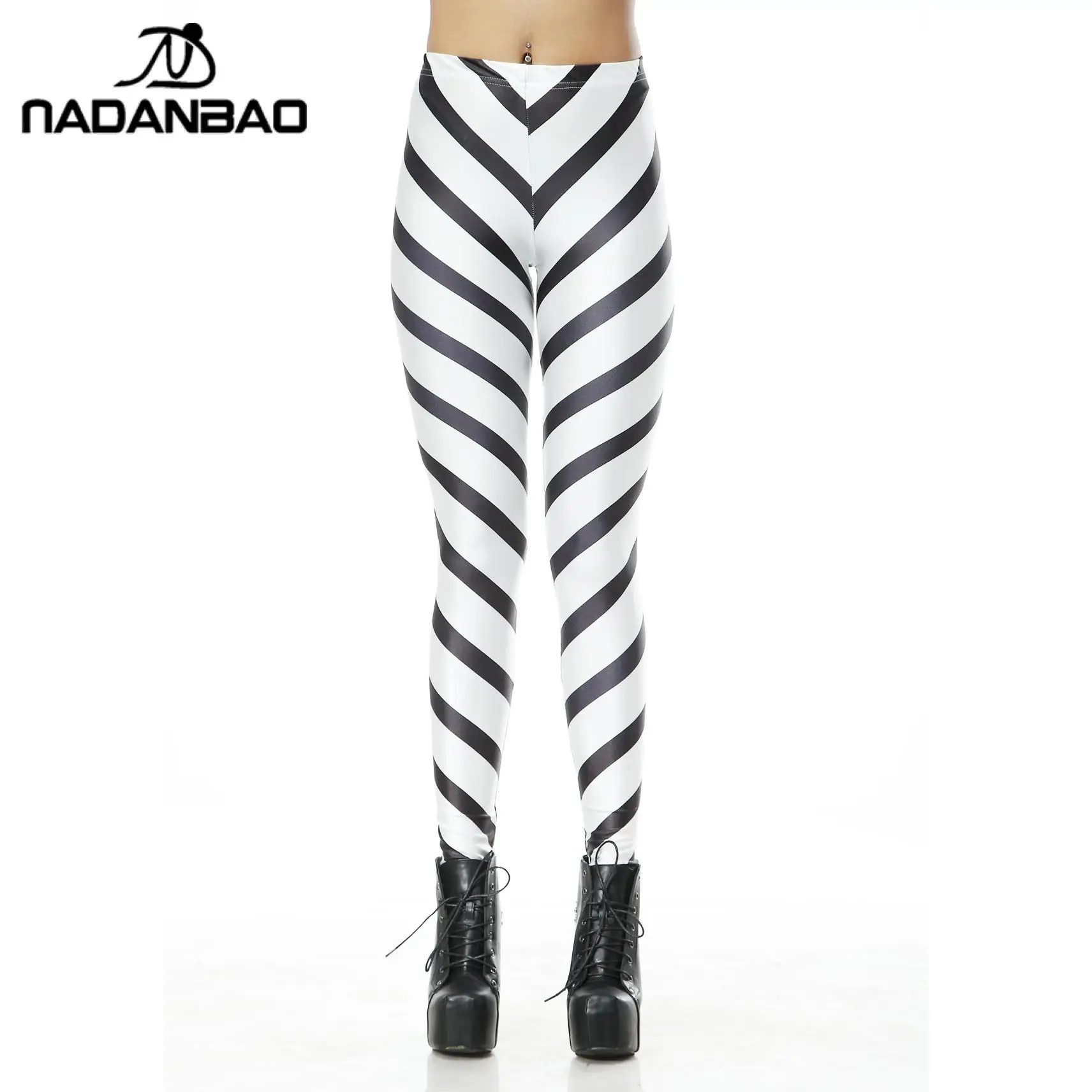 NADANBAO Fashion Stripe Print Leggings Women Fitness Workout Leggins Sexy  Elastic Mid Waist Pants