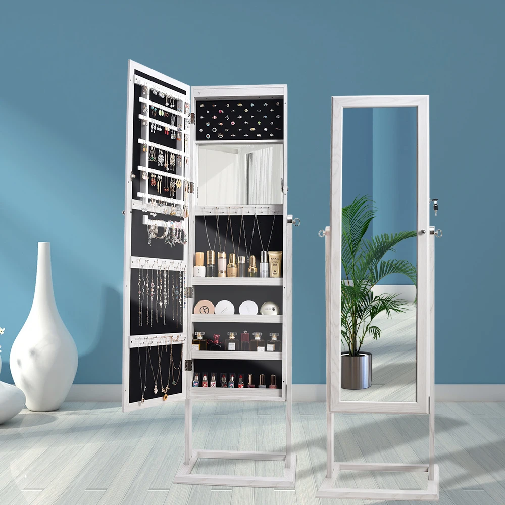 US Warehous PVC Wood Grain Coating Upright Square Jewelry Storage Dressing Mirror Full Body Jewelry Cabinet with LED Light White