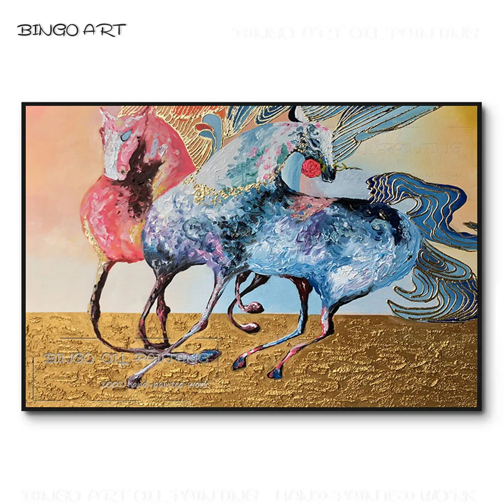 Artist Hand-painted High Quality Abstract Gold Foil 2 Horses Oil Painting on Canvas Abstract Blue and Pink 2 Horses Oil Painting