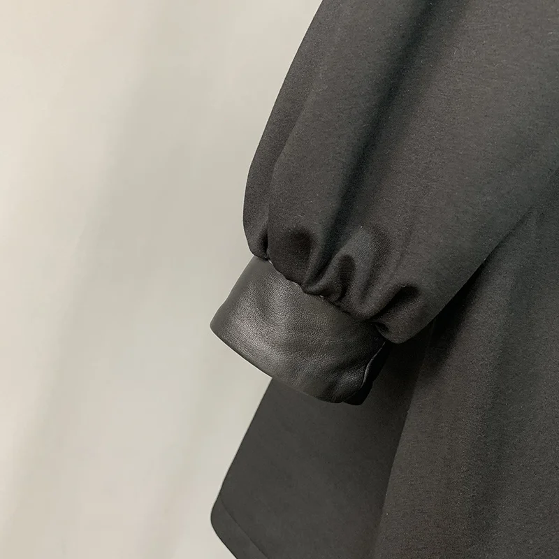 Manteau en cuir véritable épissé pour femme, veste mi-longue en peau de mouton, col montant, boutonnage simple, vêtements d'extérieur élégants