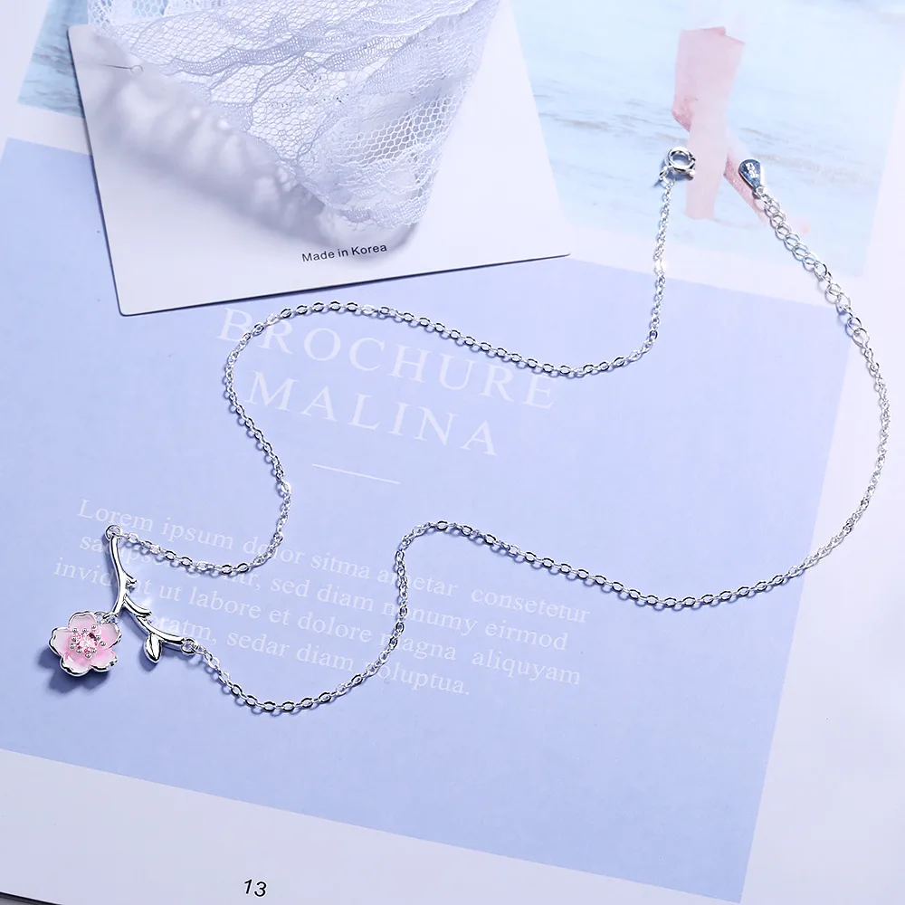 Hot Sale Cherry Blossoms Necklace  silver color Sakura Flower Necklaces & Pendants Chain Choker Necklace Jewelry Collar