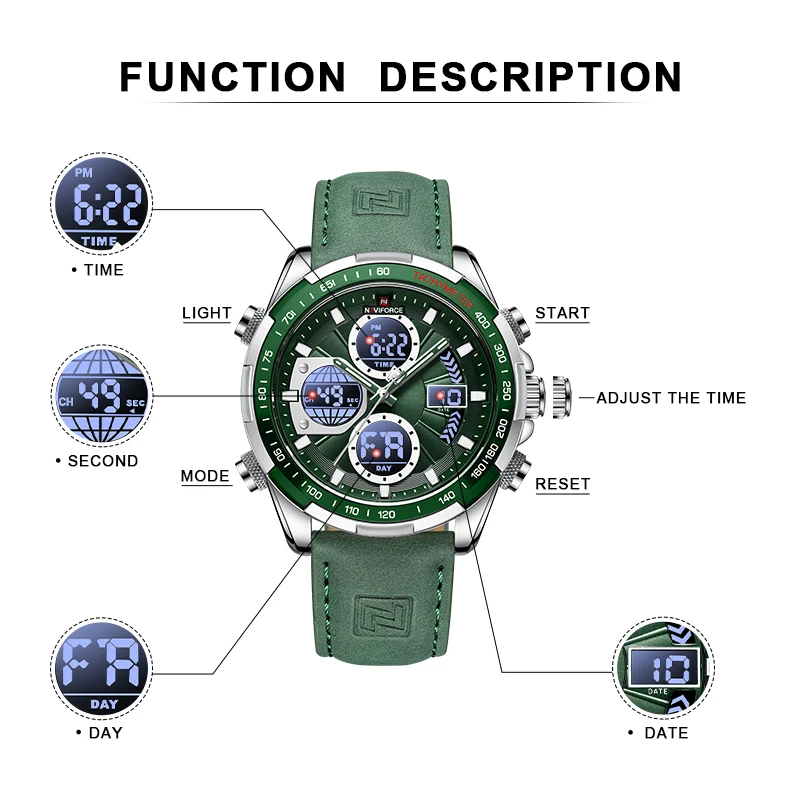 NAVIFORCE-Montre de sport multifonction pour homme, montre militaire en cuir, étanche, affichage du jour et de la date, horloge