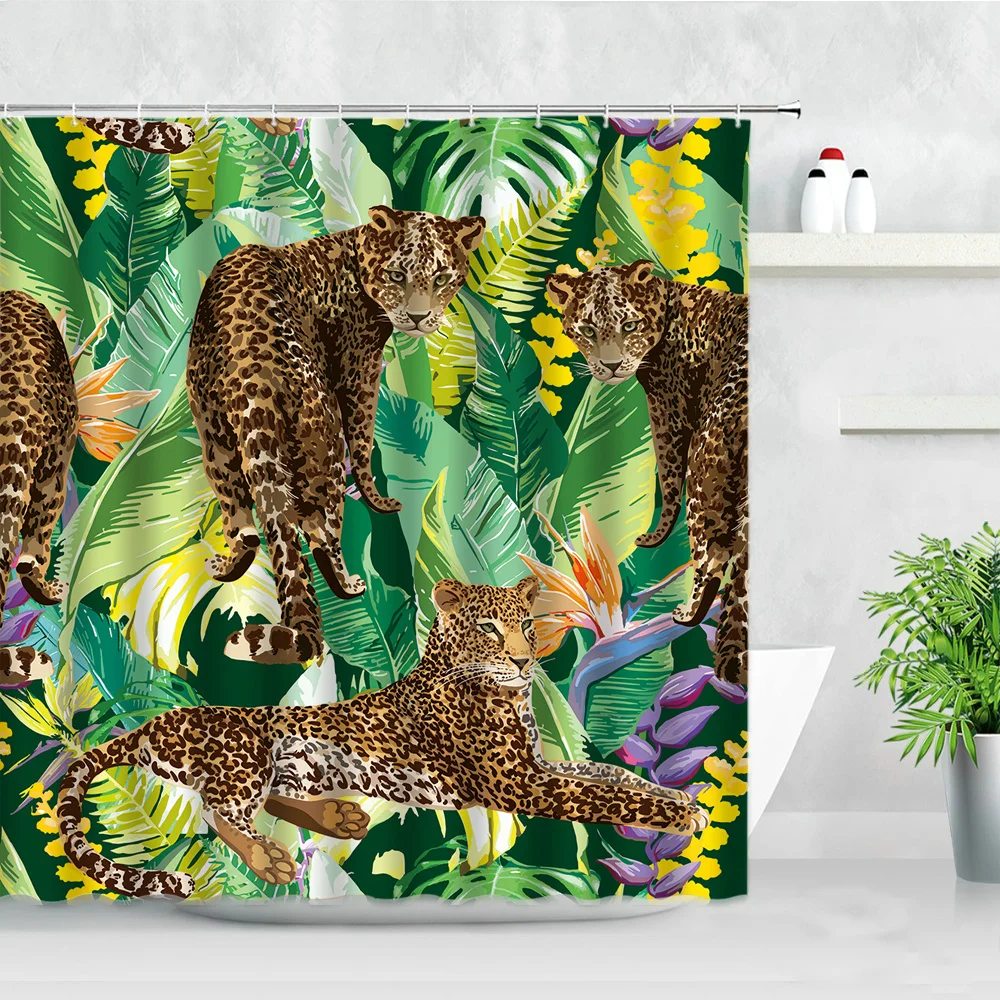 Plant Africa Leopard Shower Curtain Tropical Palm Leaf Zebra Toucan Flamingo Jungle Wild Animal Bathroom Decor Bath Curtains Set